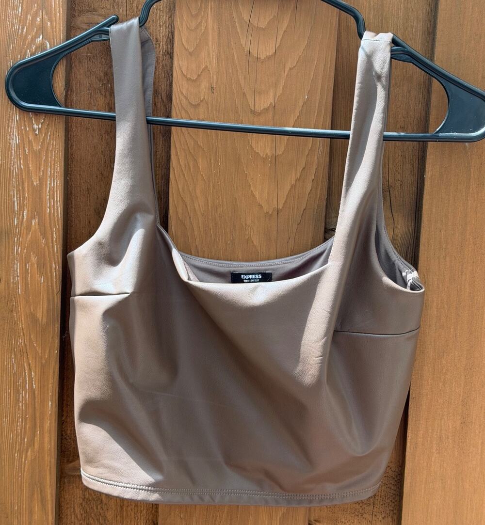 Body Contour Faux Leather Square Neck Cropped Tank Brown Small